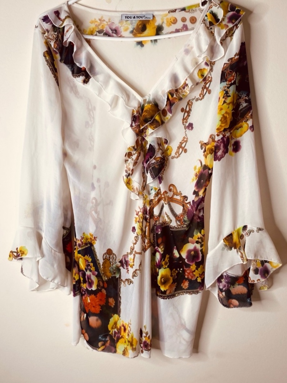 YOU & YOU Jeans WomenM Floral Ruffle Blouse Sheer Boho Baroque Bell Sleeve NWOT